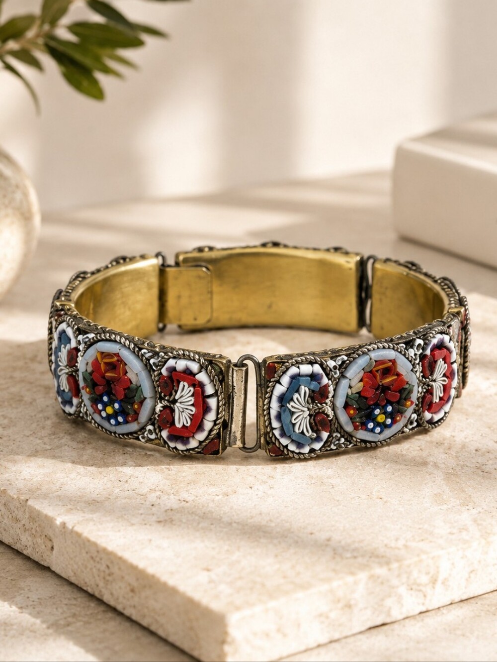 Vintage Italian Micro Mosaic‎ Bracelet Floral Millefiori Panel Bracelet 7.75"